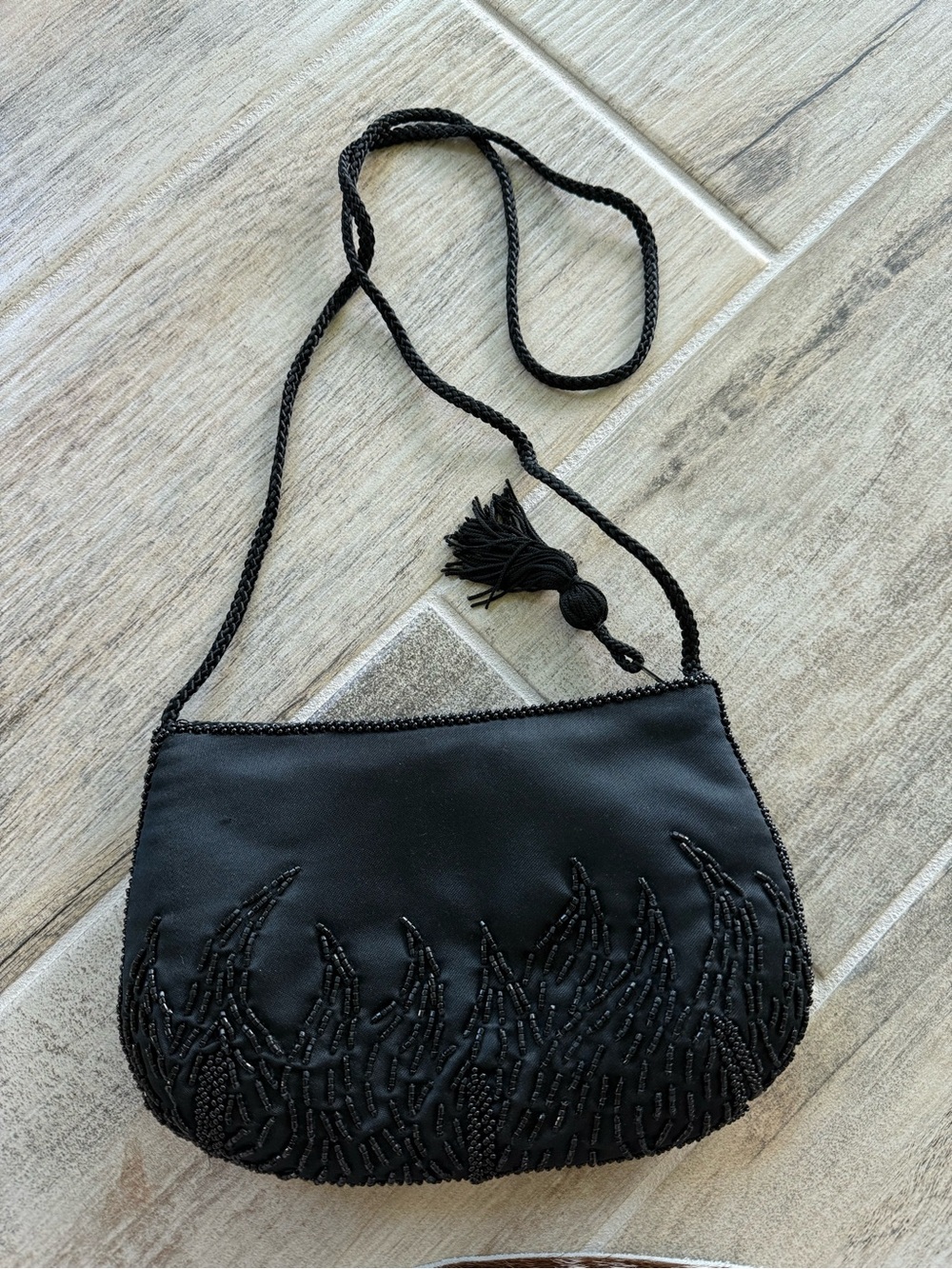Satin Beaded Black Evening Crossbody Bag